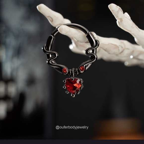 16G Dangle Red Heart Septum Ring/Black Silver Entwined Snakes Tragus Jewelry - Picture 2 of 4
